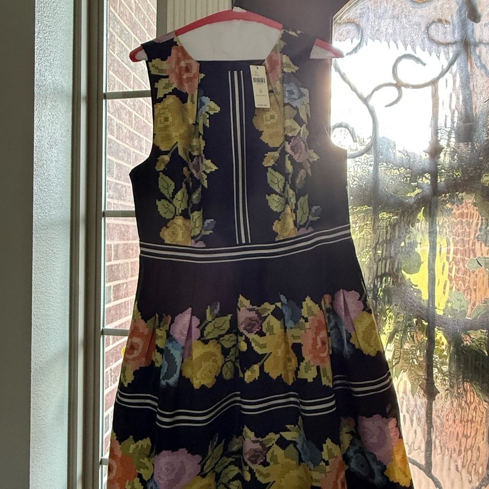 Anthro Black Floral Striped Midi Dress with faux cross-stitched Blooms